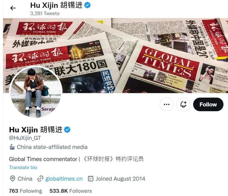 《環球時報》前總編輯胡錫進不時會在推特發表文章。翻攝胡錫進推特帳號@HuXijin_GT