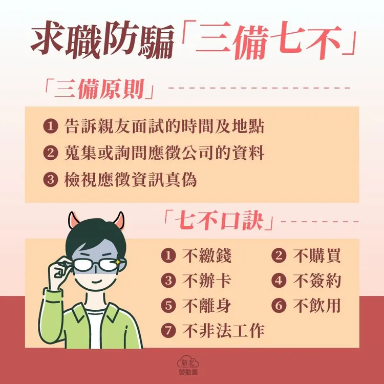 新北市政府警察局少年警察隊粉絲頁就分享一篇求職防騙「三備七不」口訣。翻攝新北市政府警察局少年警察隊粉絲頁