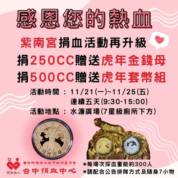 紫南宮推出捐血送錢母，只要捐250cc，就能獲得金色錢母一枚。紫南宮提供