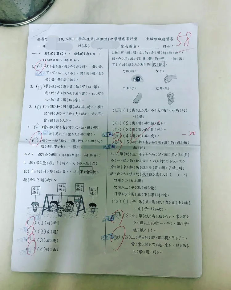 小一考58分，爸傻眼「該怎麼教」，不過網友留言都很正面。翻攝自爆廢公社二館