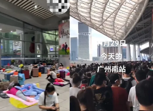 瘋傳「全域封城」民眾連夜逃出廣州 擠爆車站、露宿畫面曝光