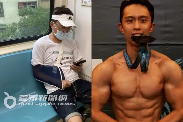 開完刀不久的孫鵬獨自搭捷運（左圖），兒子孫安佐剛參加完健美比賽（右圖）。合成照片，左圖特勤中心攝，右圖翻攝孫安佐IG