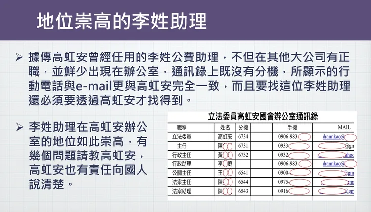 林耕仁爆料，高虹安曾經任用的李姓公費助理，疑是為他的男友，連手機、信箱都跟高虹安一樣。林耕仁競辦提供