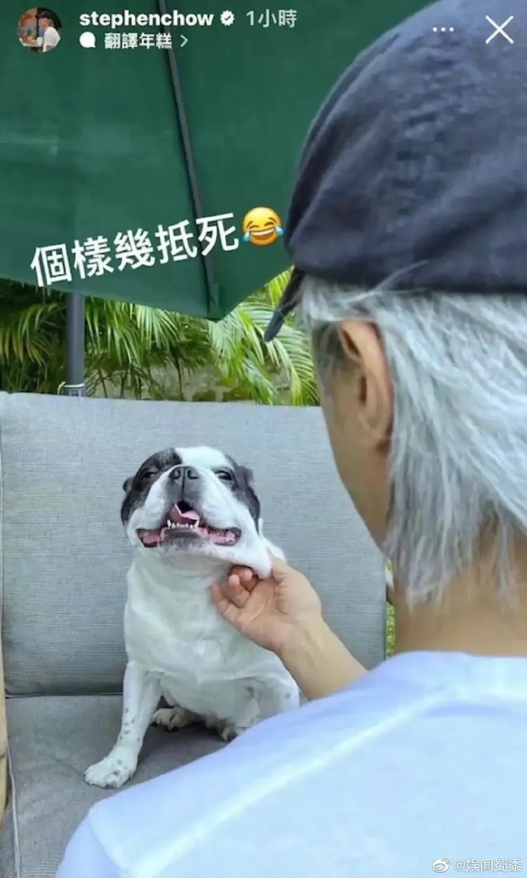 周星馳捏愛犬的臉，互動溫馨可愛。翻攝自周星馳IG