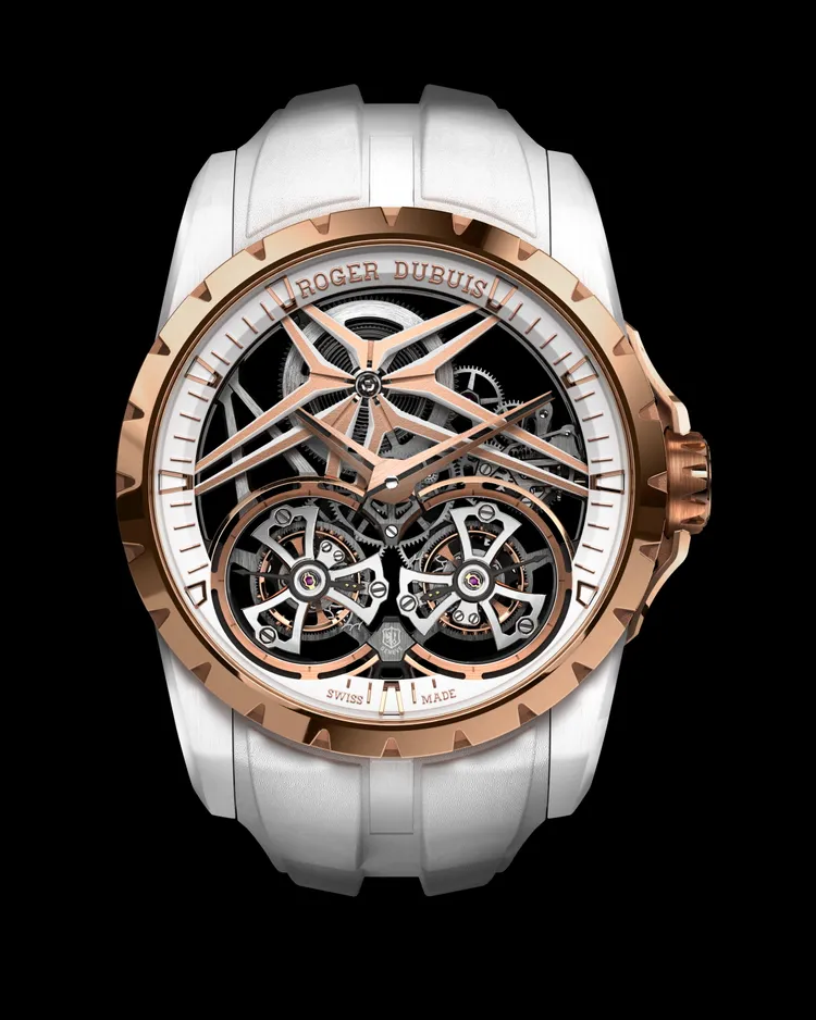 Excalibur Double Tourbillon王者系列雙陀飛輪白陶瓷腕錶，限量8只，約913萬元。品牌提供