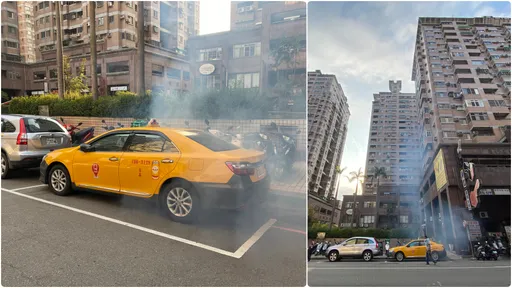 路邊小黃底盤竄白煙!警消拉水線準備破窗 大樓保全衝出告知傻眼真相