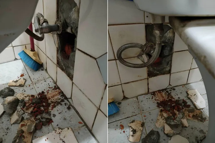 牆壁剛被打穿時狀況。翻攝自臉書「爆料公社」