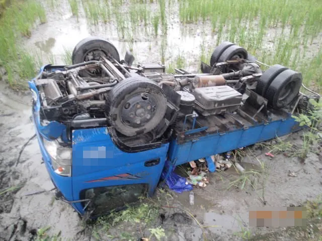 小貨車翻落田裡四輪朝天，駕駛受到輕傷送醫治療。讀者提供