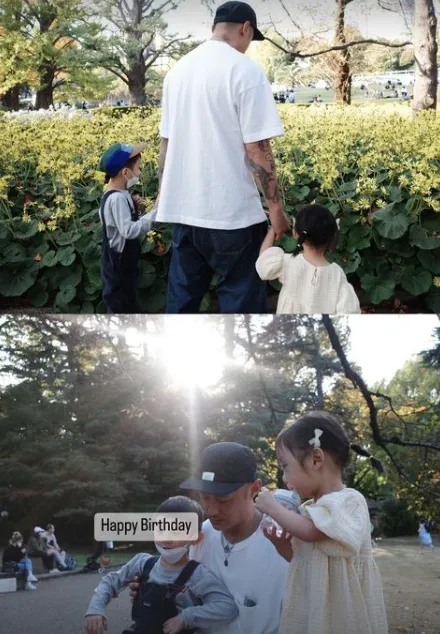 余文樂（中）與兒女在日本進行慶生之旅。翻攝王棠云IG