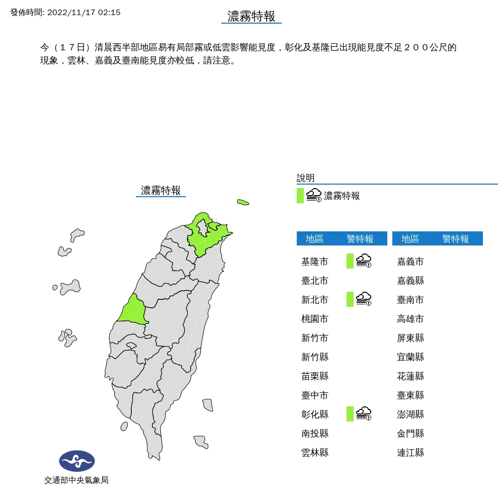 氣象局針對3縣市發布濃霧特報。氣象局