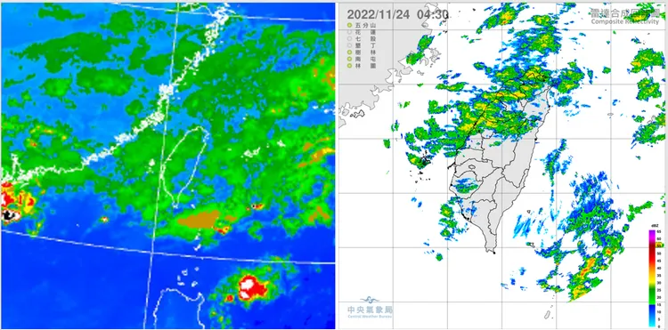 左圖：24日紅外線雲圖顯示，鋒面雲層籠罩台灣上空。右圖：24日雷達回波合成圖顯示，台灣海峽北部回波，移入中部以北。