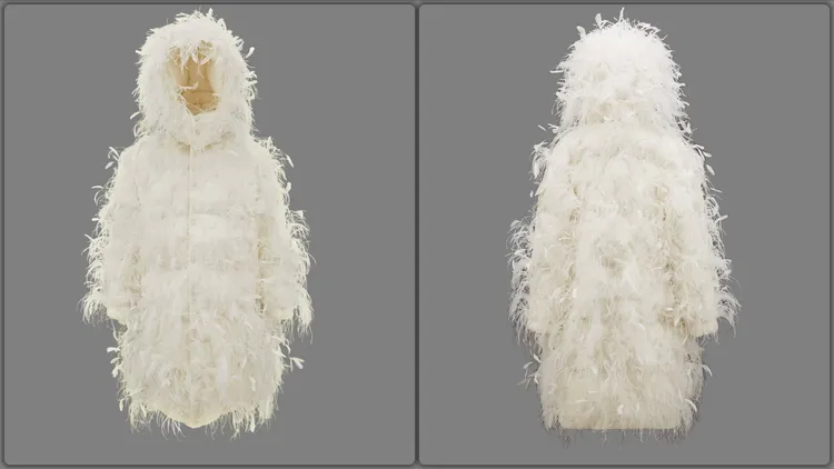 Giambattista Valli所操刀MONCLER Maya 70聯名羽絨衣，將經典Longue Saison面料羽絨車縫外套結合Valli標誌性的羽毛刺繡所創作。品牌提供