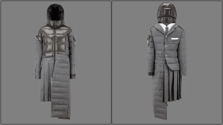 MONCLER Maya 70 x Thom Browne聯名羽絨衣，背面（右圖）裝飾性的襯衫領片、領帶及外套開襟設計，看來宛如一套完整裝束，格外有趣，約15萬7000元。品牌提供