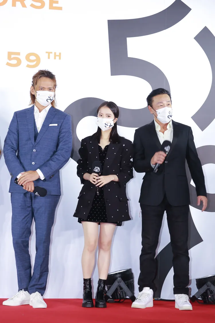 陳為民（右起）、項婕如、黃燈輝代表《查無此心》出席金馬影展。朱世閎攝