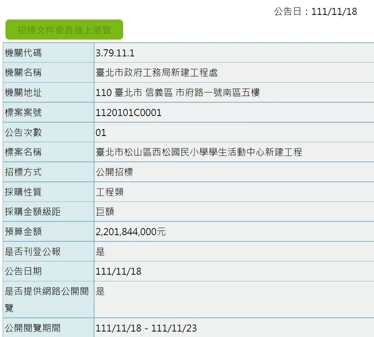西松國小活動中心新建工程招標公告。翻攝自政府電子採購網