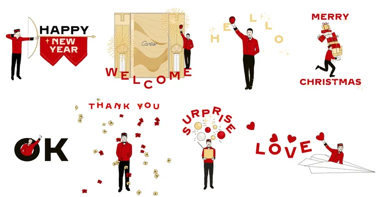 卡地亞為慶祝台北101旗艦店開幕，首度於LINE官方帳號推出以標誌性紅衣門僮為造型的8款貼圖。品牌提供