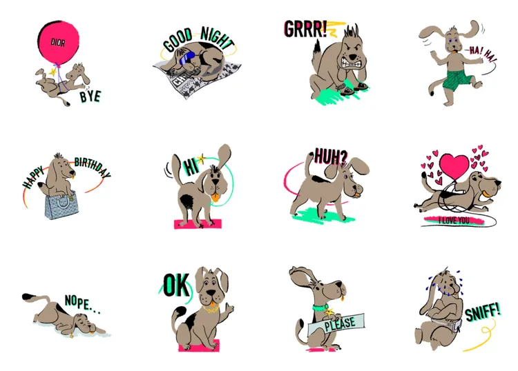 DIOR以插畫風打造的16款全新Bobby官方LINE貼圖，加入了包括Dior Essential提包、Mitzah絲巾等經典元素。品牌提供