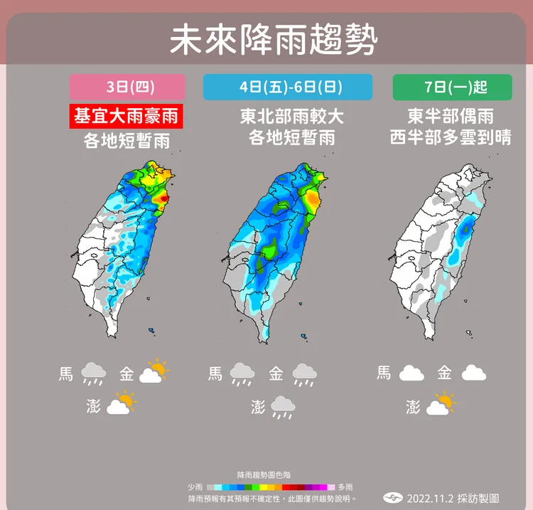 本周降雨變化，下周一雨勢才趨緩。氣象局提供