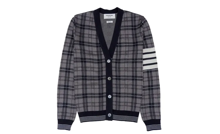 格紋絲質混紡4-Bar開襟衫，7萬4500元。品牌提供