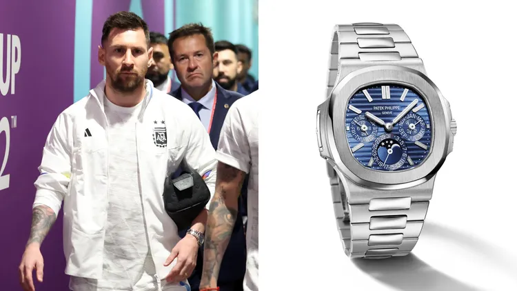 梅西（左，翻攝argentina推特）選戴「錶王」百達翡麗的金鷹Nautilus萬年曆腕錶（右，翻攝百達翡麗官網），眼光精準；百達翡麗5470／1G 18K白金萬年曆腕錶，約424萬3000元。