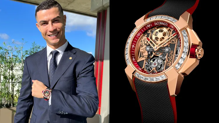 C羅曬出其同名品牌CR7與紐約珠寶腕錶品牌Jacob & Co.聯手打造的Epic X系列CR7玫瑰金飛行腕錶，約465萬元。品牌提供