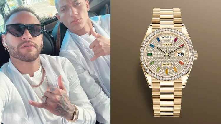 巴西王牌前鋒內馬爾（左圖左，翻攝BrasilEdition推特）用1手「錶壇龍頭」勞力士的Day-Date滿鑽金錶（右，翻攝勞力士官網），秀出一身霸氣；勞力士Day-Date 36 18K金鑽錶，約326萬元。品牌提供