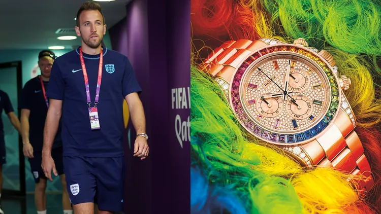 英格蘭隊隊長肯恩（左，翻攝England推特）走鋪張路線，選戴了彩虹圈式樣的勞力士Cosmograph Daytona永恒玫瑰金計時碼錶，此錶曾在國際拍行佳士得拍賣中（右，翻攝佳士得官網），以約1385萬元台幣落槌。