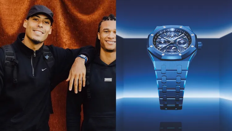 荷蘭隊隊長范迪克（左，翻攝onsoranje IG）輕鬆以瑞士製錶愛彼今年推出的皇家橡樹系列電藍色陶瓷萬年曆腕錶（右，品牌提供）殺出重圍，12萬9000瑞士法郎（約424萬元台幣）。