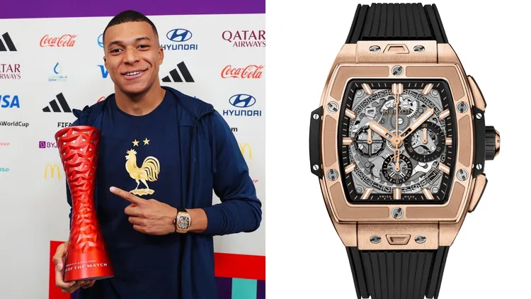 身為瑞士宇舶錶形象大使的法國前鋒姆巴佩（左，翻攝k.mbappe），秀出自家代言品牌的Spirit of Big Bang 18K皇金自動上鍊腕錶（右，翻攝HUBLOT官網），約133萬8000元。