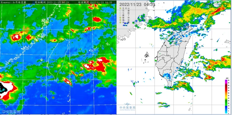 左圖：23日紅外線雲圖顯示，台灣上空已佈滿雲層。右圖：23日雷達回波合成圖顯示，台灣海峽北部較強回波接近中。