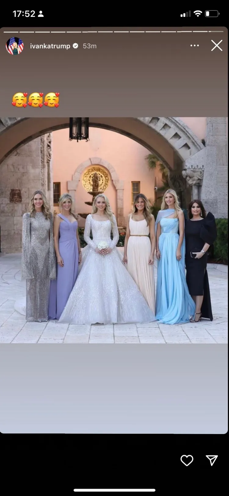 伊凡卡被指把照片中最右邊的哥哥未婚妻加法葉裁掉之後，數小時才在IG限動上傳原版照片。翻攝IG/ivankatrump