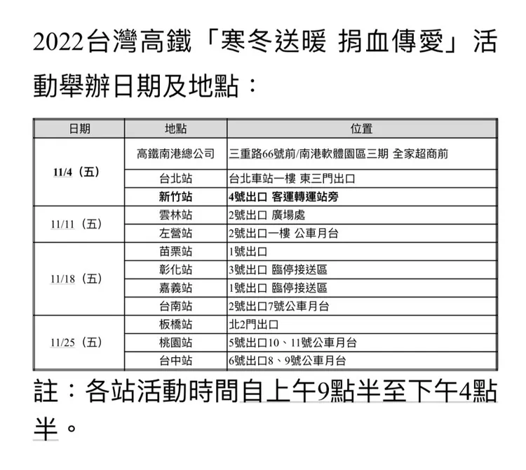 今年活動將自11月4日起從高鐵南港總公司、台北站及新竹站同步開跑，分4周完成各場次捐血活動。高鐵新竹站提供