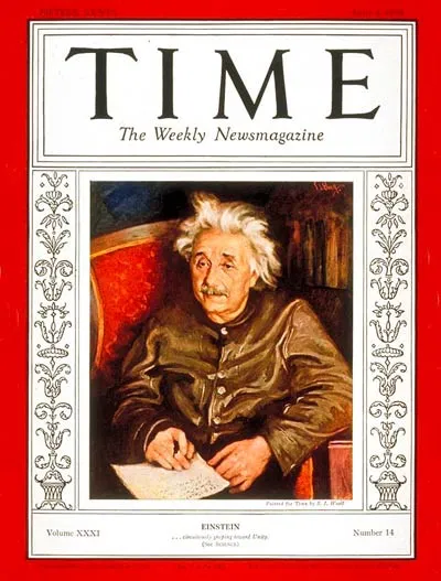 有著「現代物理學之父」稱號的愛因斯坦，在1938年4月亮相於《時代雜誌》封面時，即穿著LEVI’S Menlo Cossack經典原版褐色皮夾克。翻攝TIME網站