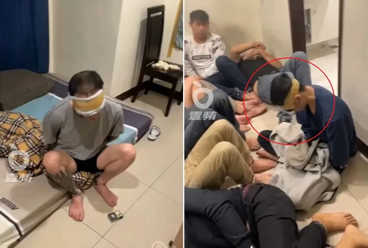 受害肉票遭膠布封眼，耳朵還被以不明黑色物體塞住（紅圈處受害者）。翻攝自臉書「爆料公社」