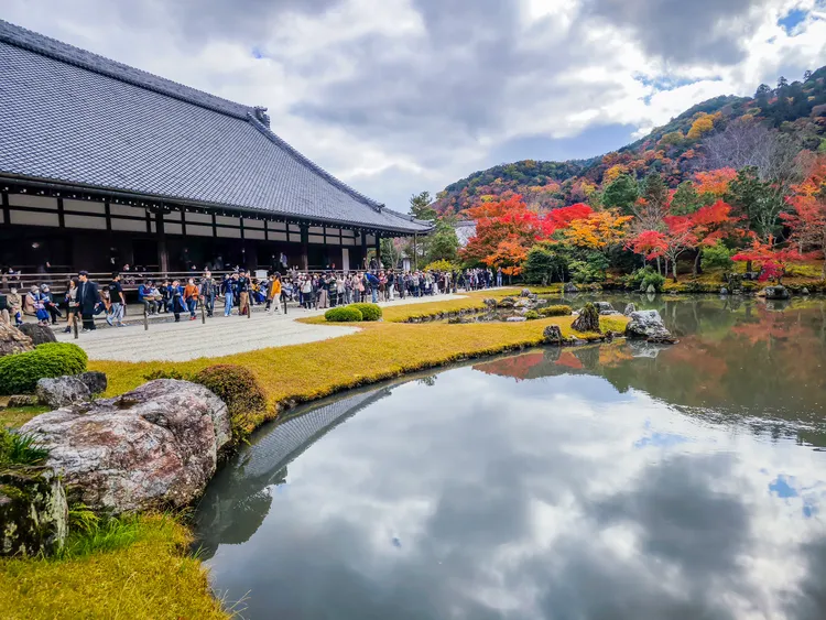 平路順著曹源池欣賞庭園景致與紅葉。田欣雲攝