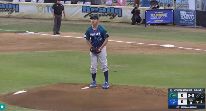 效力澳洲職棒奧克蘭綠喙蜥台灣投手林暉盛在開幕戰先發。  葉明煌提供