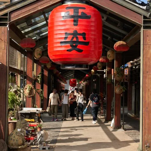 宜蘭傳藝園區人氣街景裝置「謝謝平安大燈籠」吸引許多民眾留影打卡，彼此互祝平安順遂。全聯善美的文化藝術基金會提供