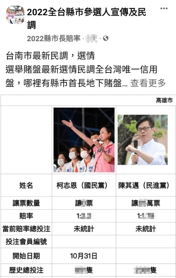 網路上出現許多有關縣市長選舉的簽賭站。翻攝臉書