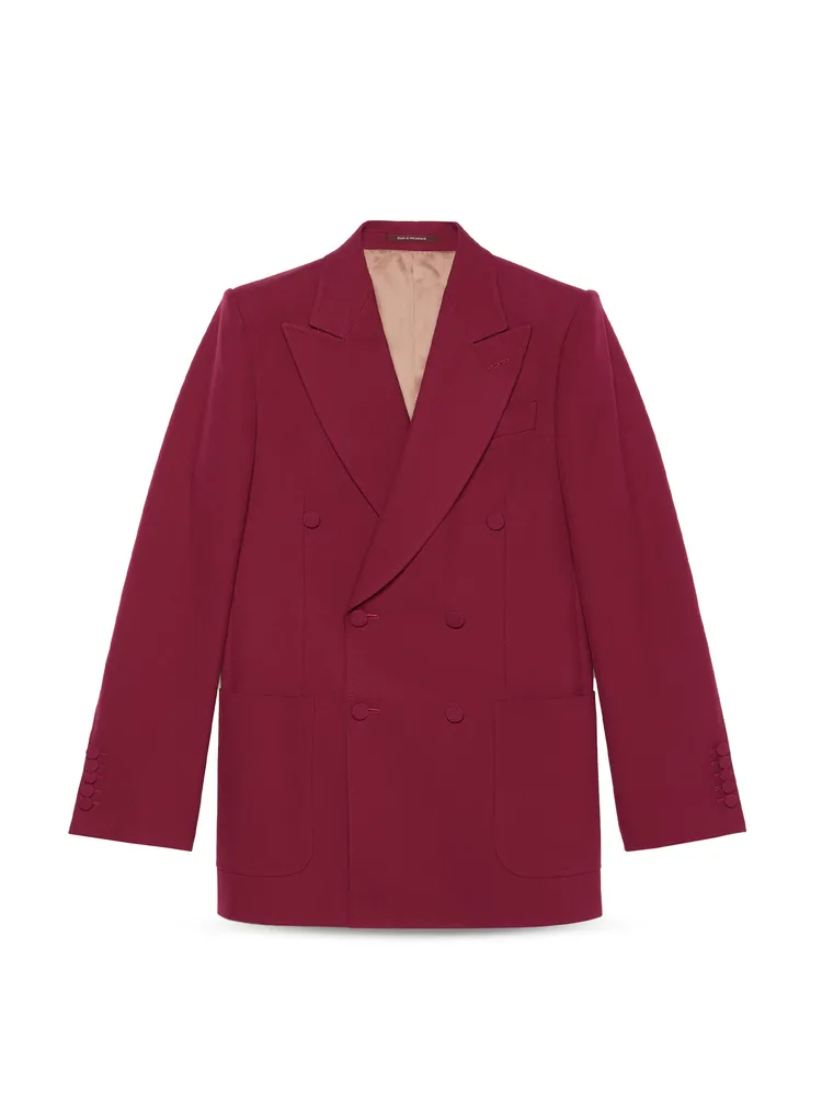 GUCCI HA HA HA系列酒紅色西裝外套，9萬8500元。品牌提供