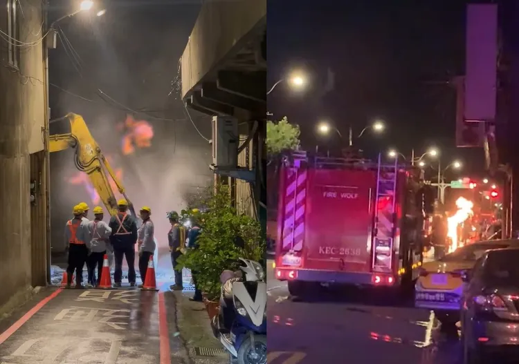 台電公司外包廠商今天（7日）凌晨0時許在桃園市中壢區中華路一段挖路進行施工時，疑因不慎挖破瓦斯管路後起火燃燒。翻攝自《內壢大小事》