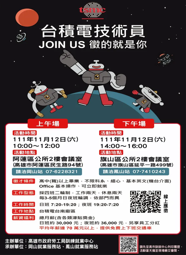 台積電台南廠徵年薪逾70萬元的作業員，11/12於高雄舉辦徵才會。高雄市勞工局提供