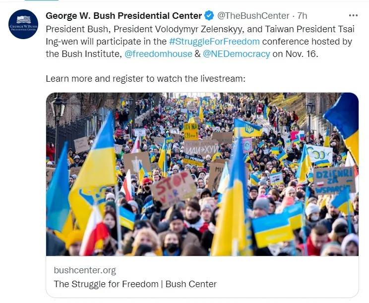 布希總統中心在推特發文，宣布將與「烏克蘭總統澤連斯基及台灣總統蔡英文」視訊同台。翻攝推特@TheBushCenter