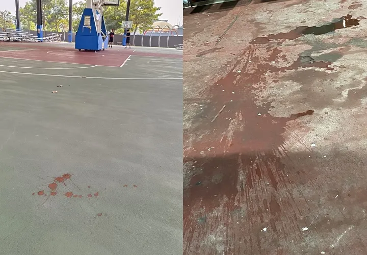 在球場上吐檳榔汁（左）有夠缺德，還有一大灘飲料漬。翻攝員林市體育管理所