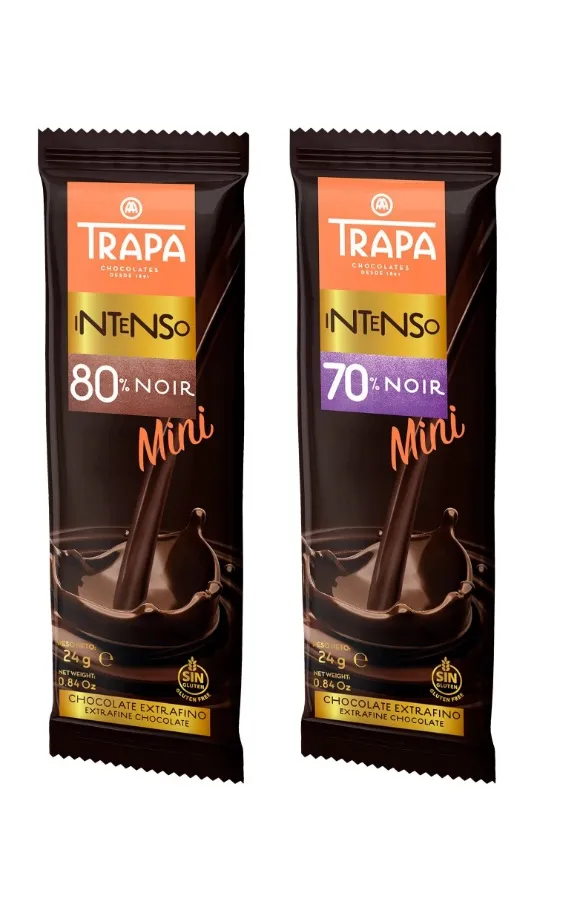 西班牙Trapa 70%黑巧克力片24g售價35元、西班牙Trapa 80%黑巧克力片24g售價35元。業者提供