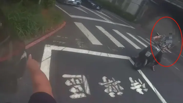 陳男機車的鐵架看起來有如移動式相框。讀者提供