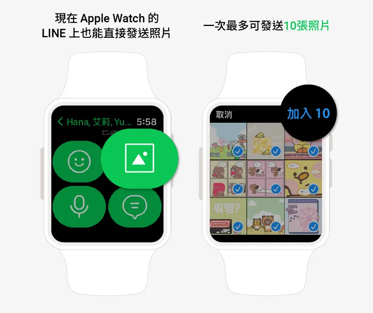 Apple Watch的LINE 上可直接發送iPhone相簿內照片。取自LINE台灣官方部落格。