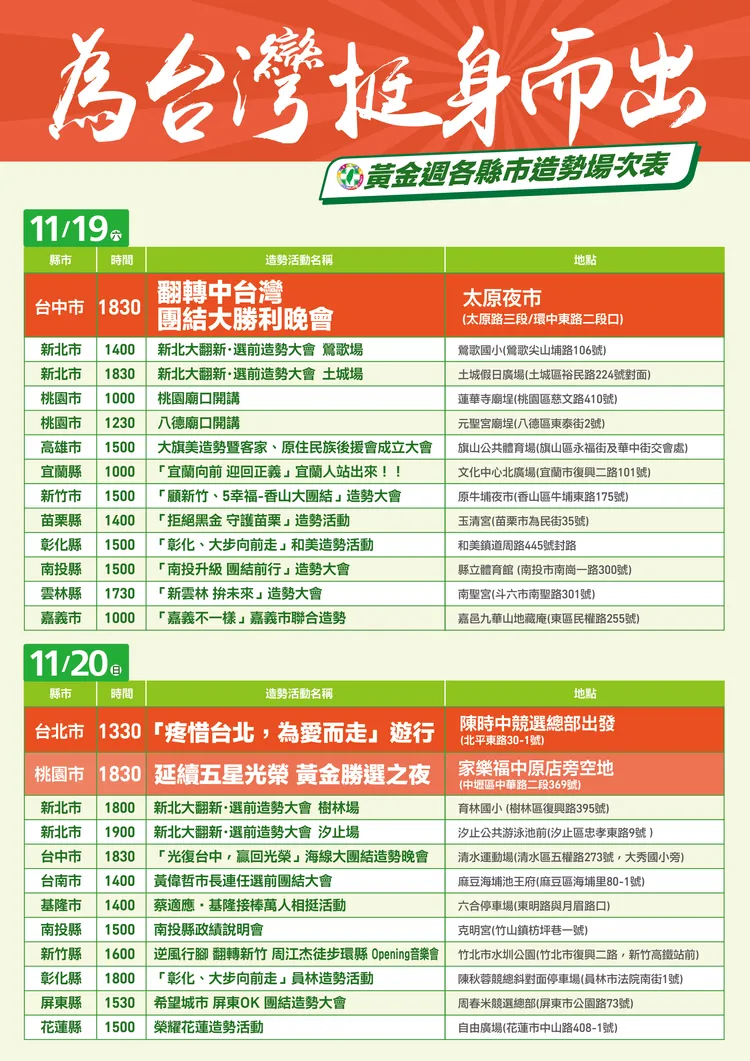 民進黨本週末將會有26場造勢活動。民進黨提供