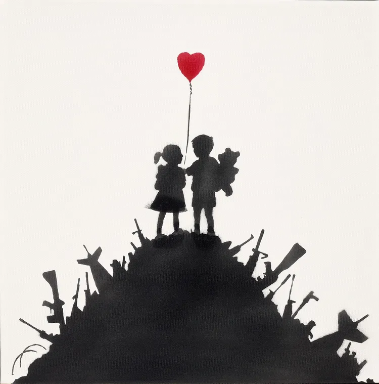班克西《槍枝上的孩子們》畫作噴漆版本，估價約8216萬元台幣。品牌提供