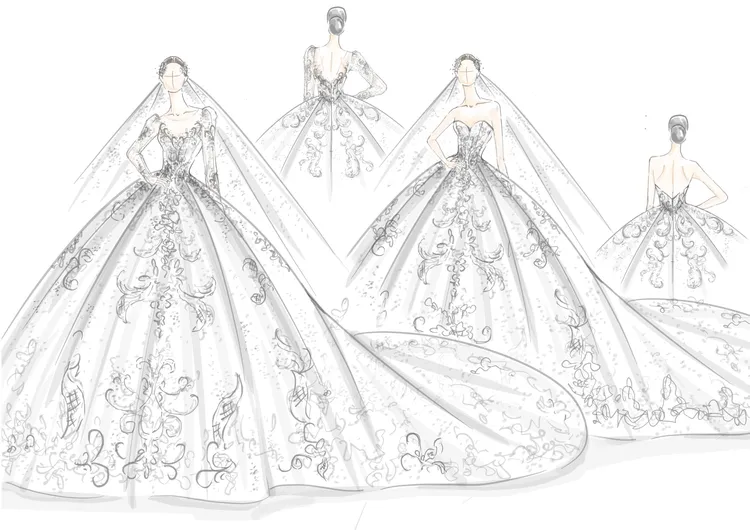 宮廷復古巴洛克風白紗設計手稿。Linli Boutique提供