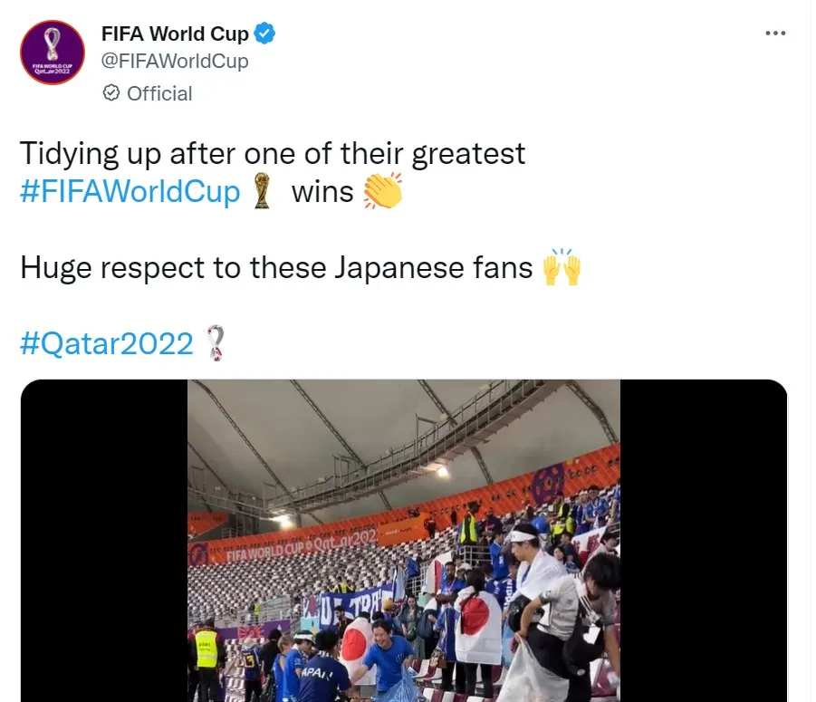 世界盃官方推特向日本球迷致敬。翻攝Twitter@FIFAWorldCup